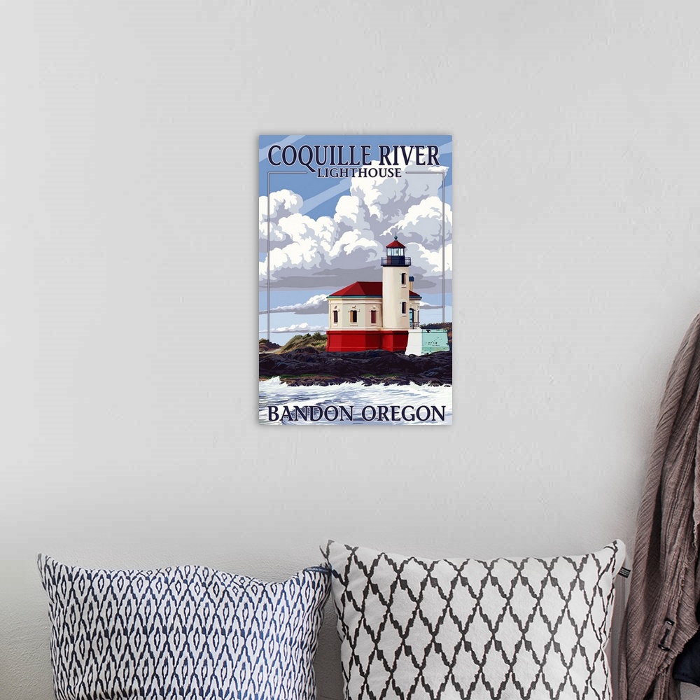 A bohemian room featuring Bandon, Oregon - Coquille River Lighthouse: Retro Travel Poster