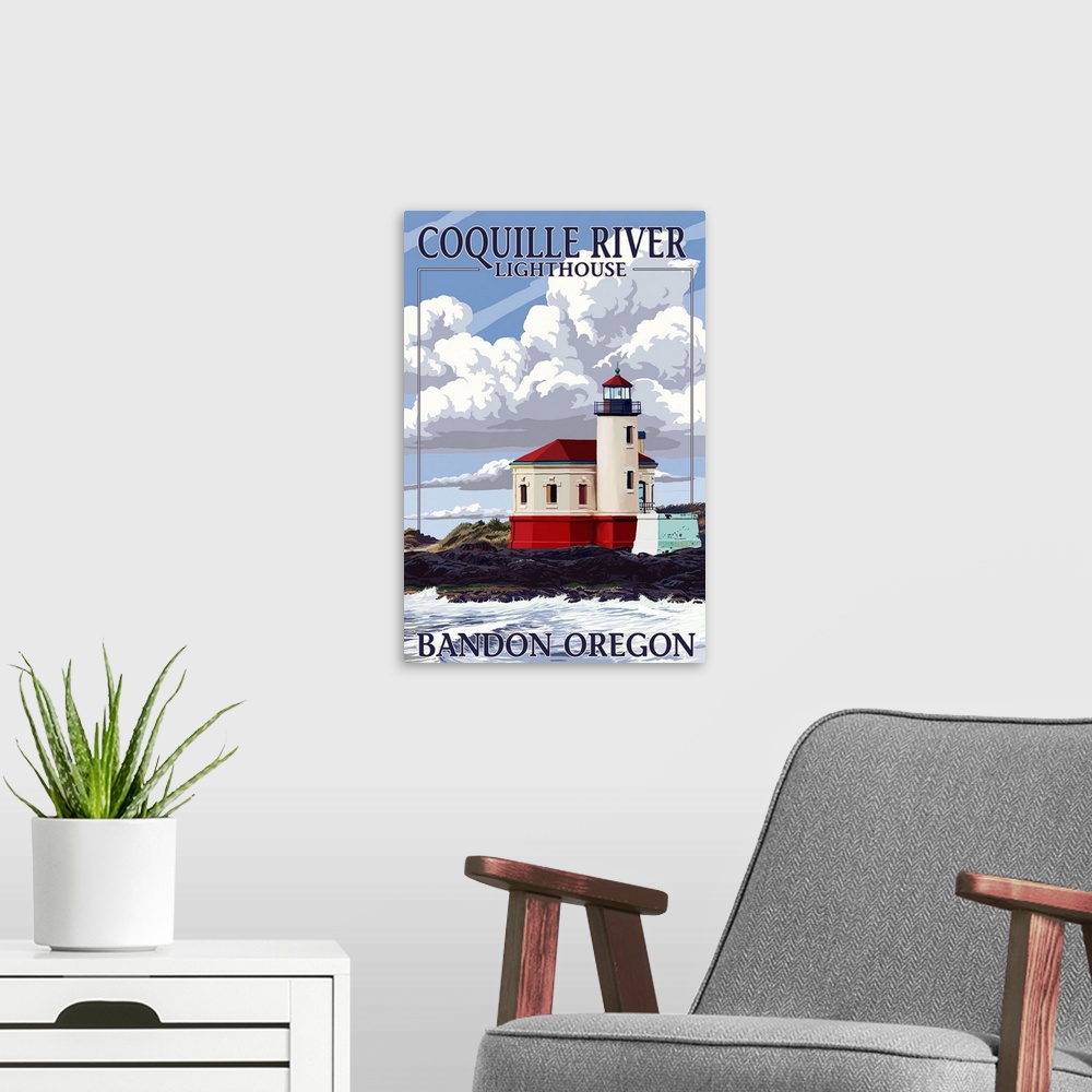A modern room featuring Bandon, Oregon - Coquille River Lighthouse: Retro Travel Poster