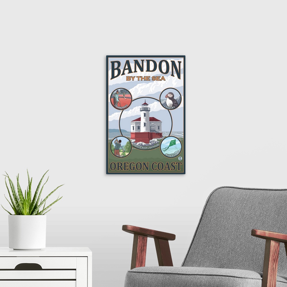 A modern room featuring Bandon, Oregon - Montage Scenes: Retro Travel Poster