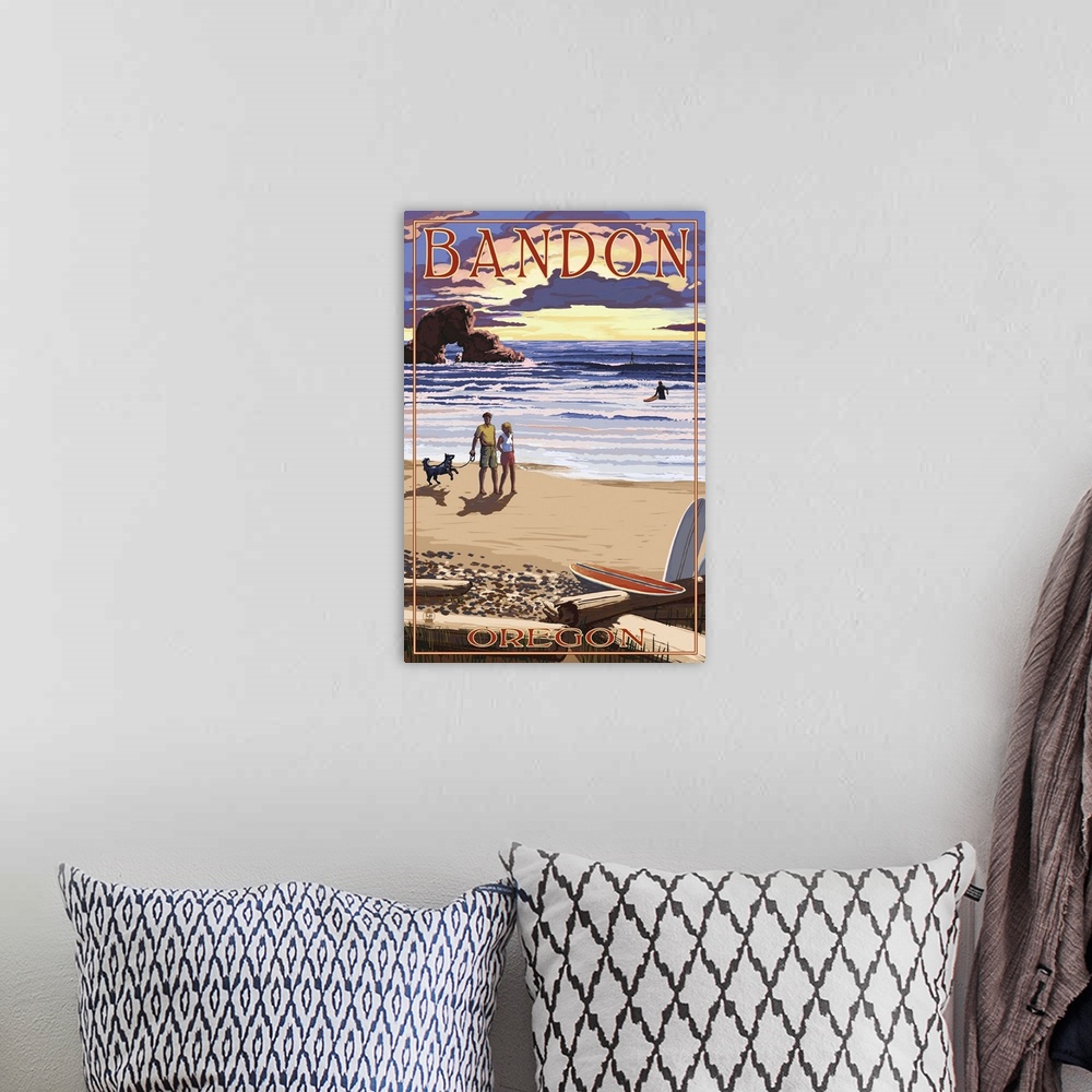 A bohemian room featuring Bandon, Oregon - Sunset and Beach: Retro Travel Poster