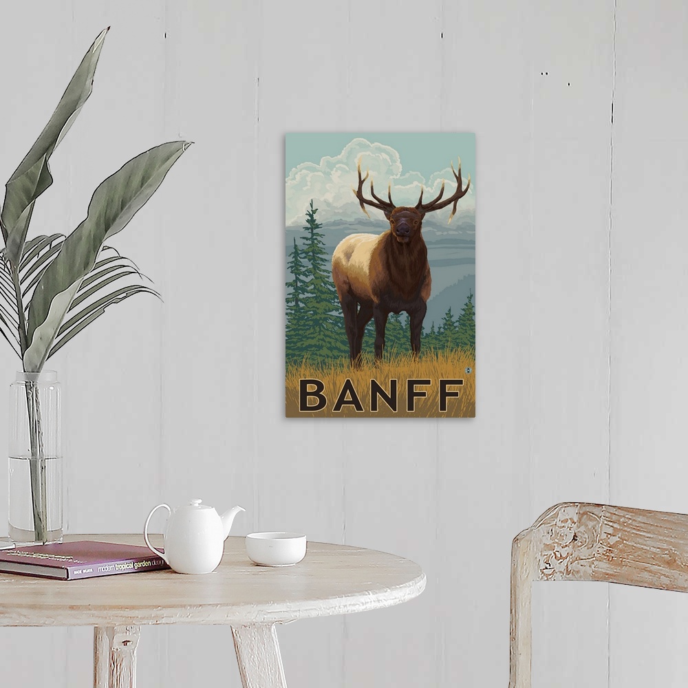 A farmhouse room featuring Banff, Alberta, Canada - Elk: Retro Travel Poster