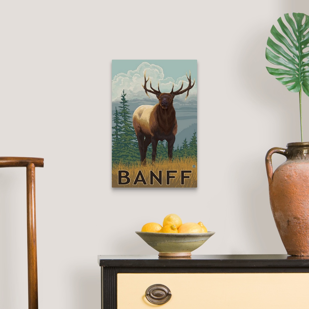 A traditional room featuring Banff, Alberta, Canada - Elk: Retro Travel Poster