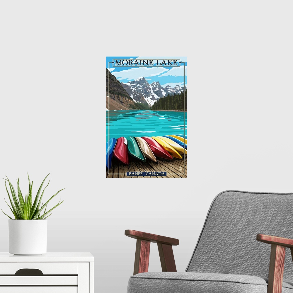 A modern room featuring Banff, Alberta, Canada - Moraine Lake & Canoes