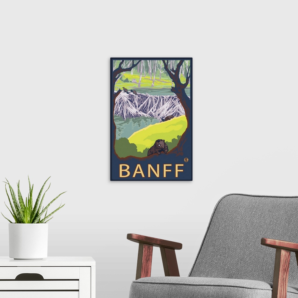 A modern room featuring Banff, Canada - Beaver Family: Retro Travel Poster