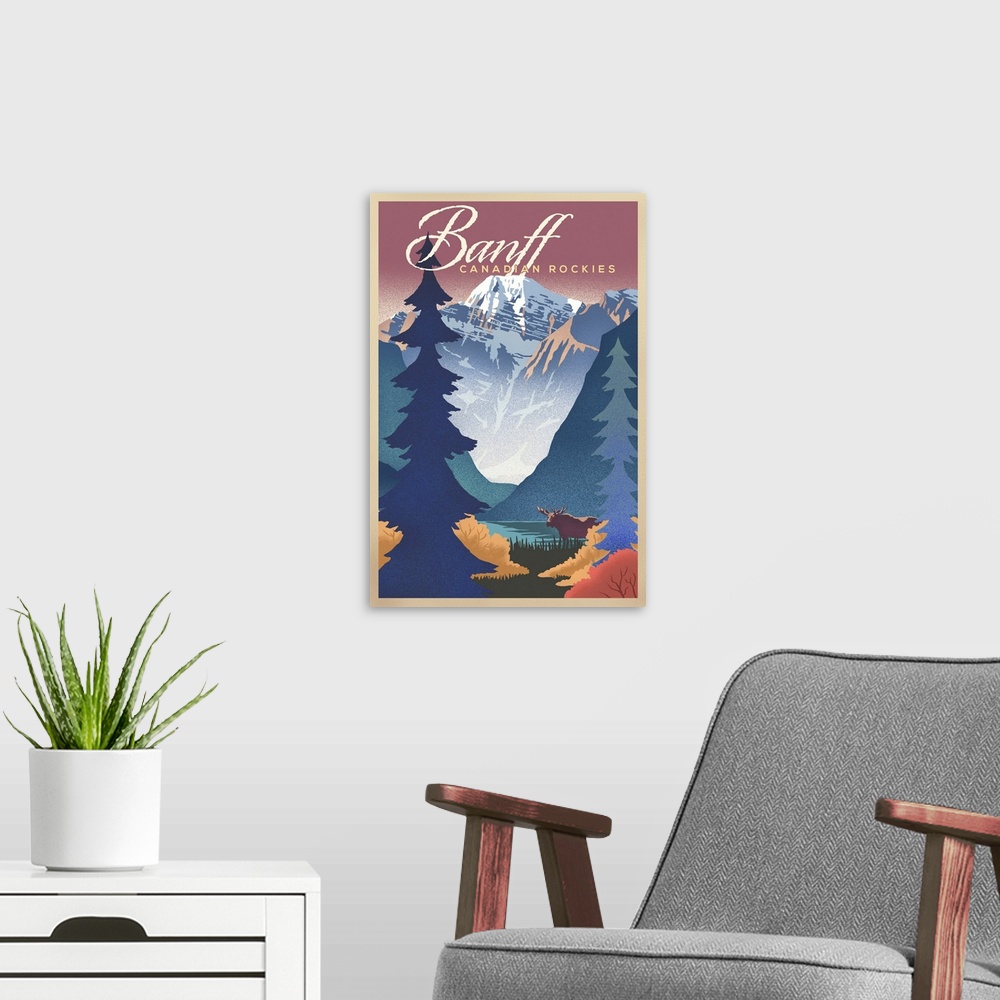 A modern room featuring Banff, Canada - Canadian Rockies - Mountain Scene - Lithograph