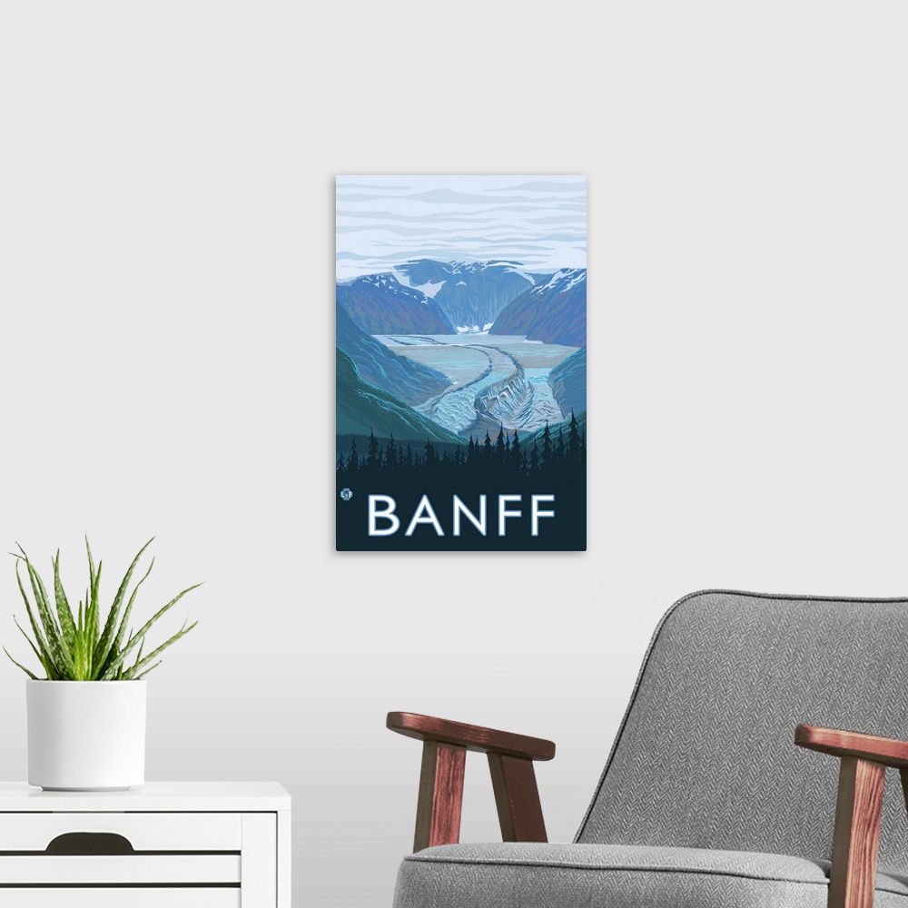 A modern room featuring Banff, Canada - Glacier: Retro Travel Poster