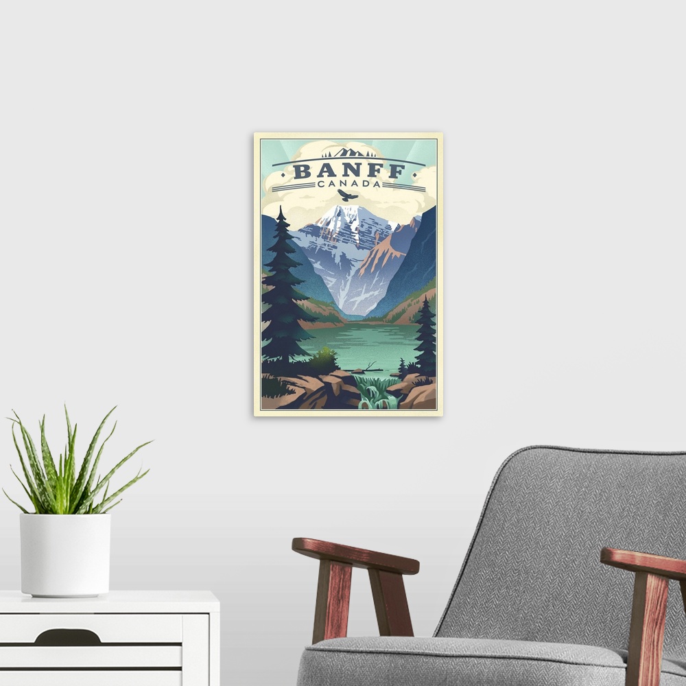 A modern room featuring Banff, Canada - Lake - Lithograph
