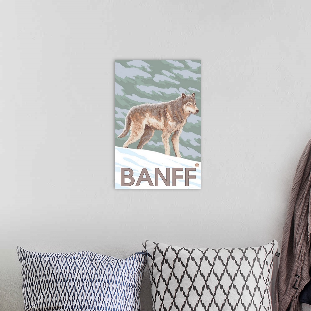A bohemian room featuring Banff, Canada - Wolf (Side): Retro Travel Poster
