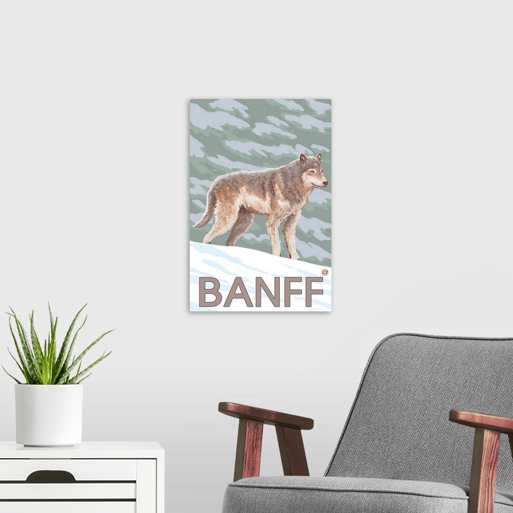 A modern room featuring Banff, Canada - Wolf (Side): Retro Travel Poster