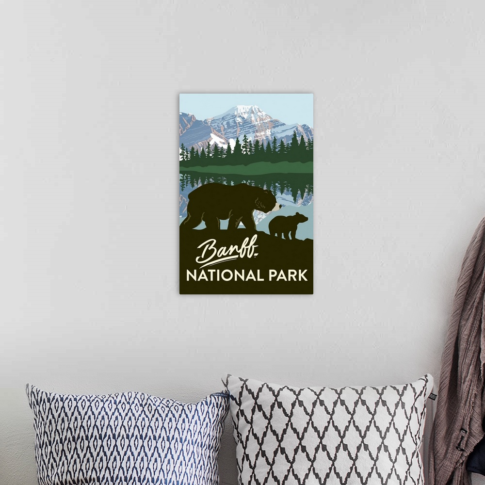 A bohemian room featuring Banff National Park, Bear And Cub: Graphic Travel Poster