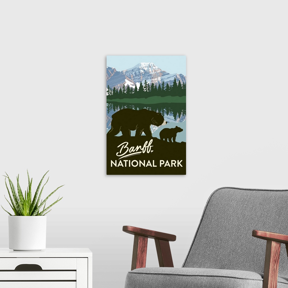 A modern room featuring Banff National Park, Bear And Cub: Graphic Travel Poster