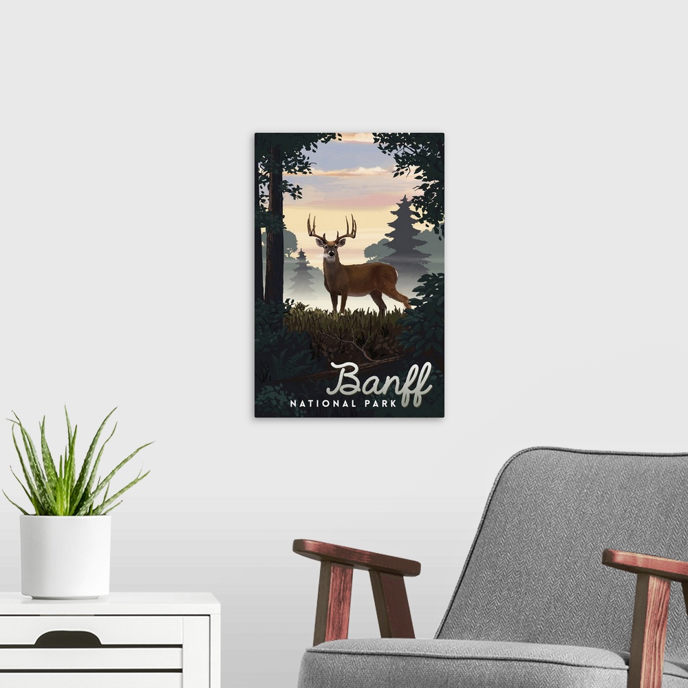 A modern room featuring Banff National Park, Deer: Retro Travel Poster