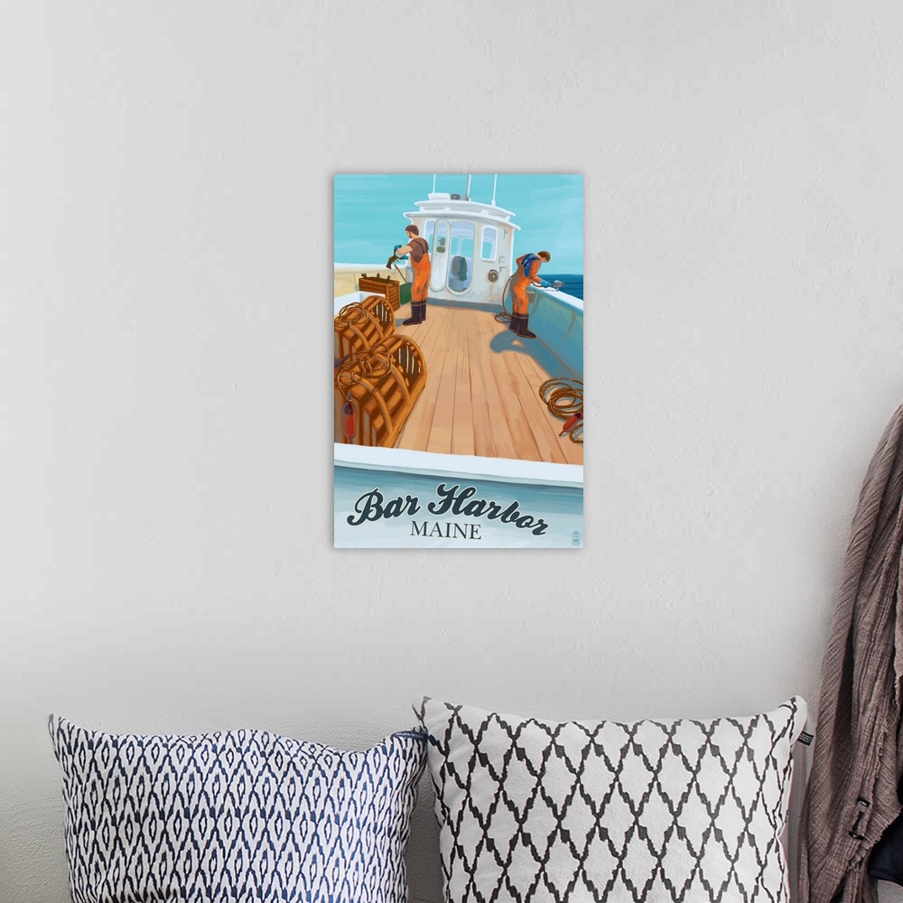 A bohemian room featuring Bar Harbor, Maine - Lobster Boat: Retro Travel Poster