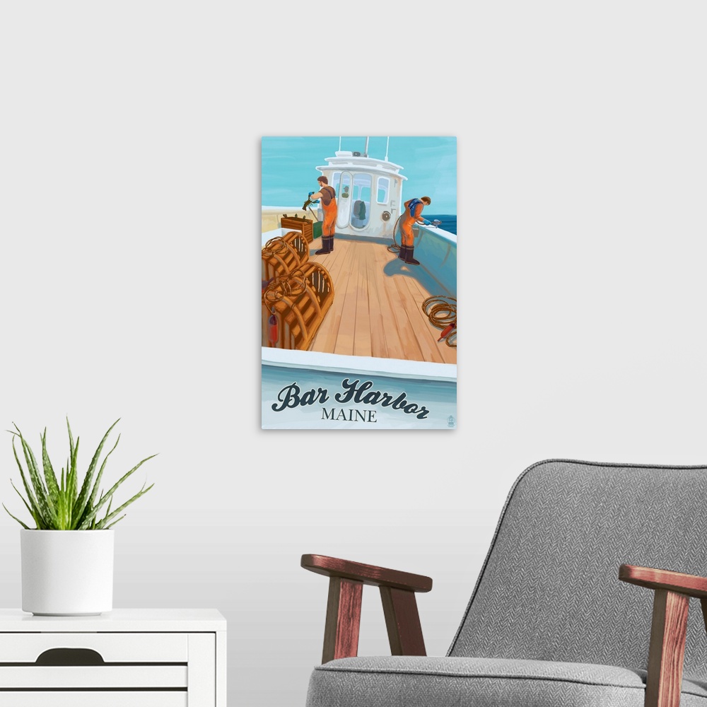 A modern room featuring Bar Harbor, Maine - Lobster Boat: Retro Travel Poster