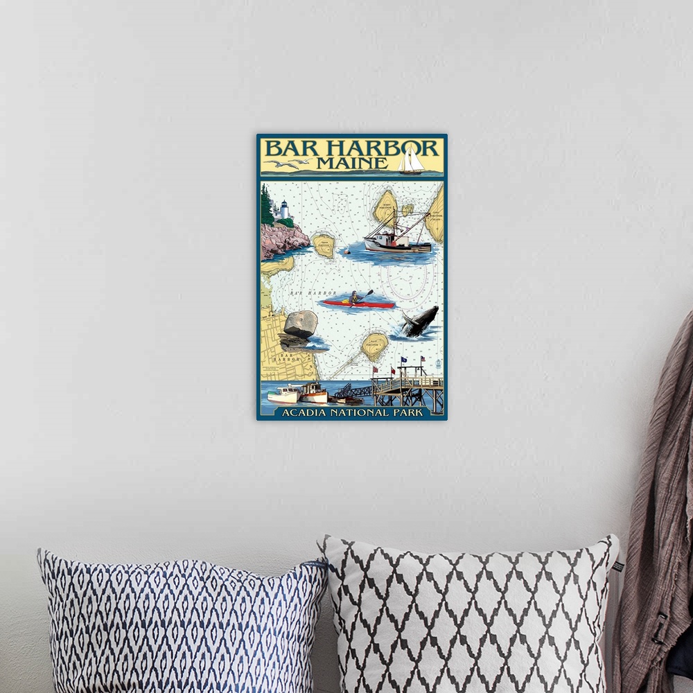A bohemian room featuring Bar Harbor, Maine - Nautical Chart: Retro Travel Poster