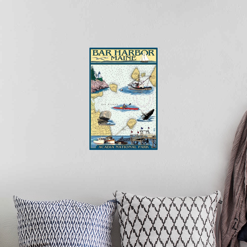 A bohemian room featuring Bar Harbor, Maine - Nautical Chart: Retro Travel Poster
