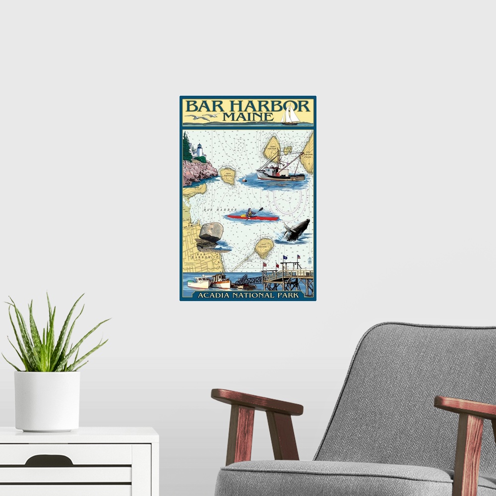 A modern room featuring Bar Harbor, Maine - Nautical Chart: Retro Travel Poster