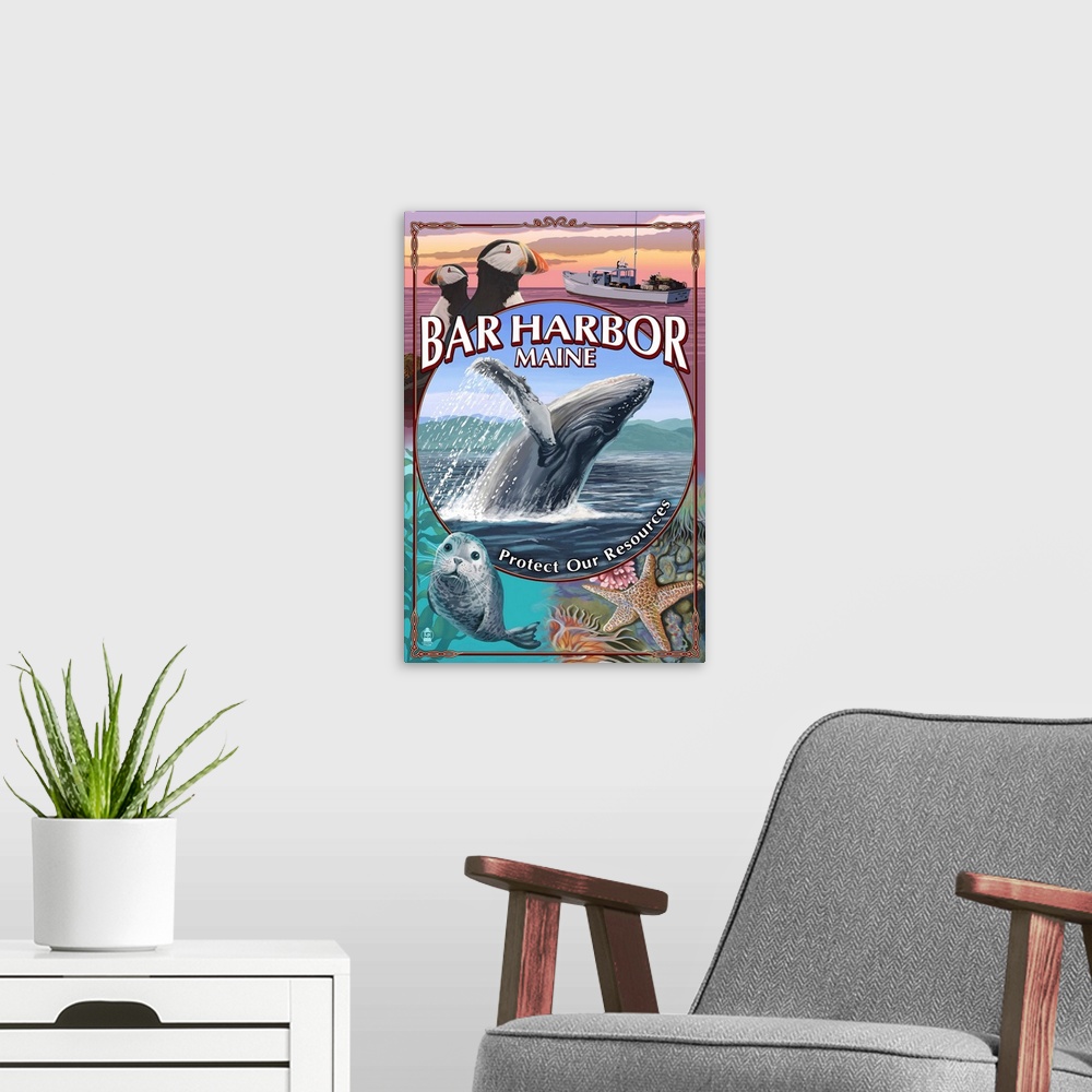 A modern room featuring Bar Harbor, Maine, Wildlife Montage