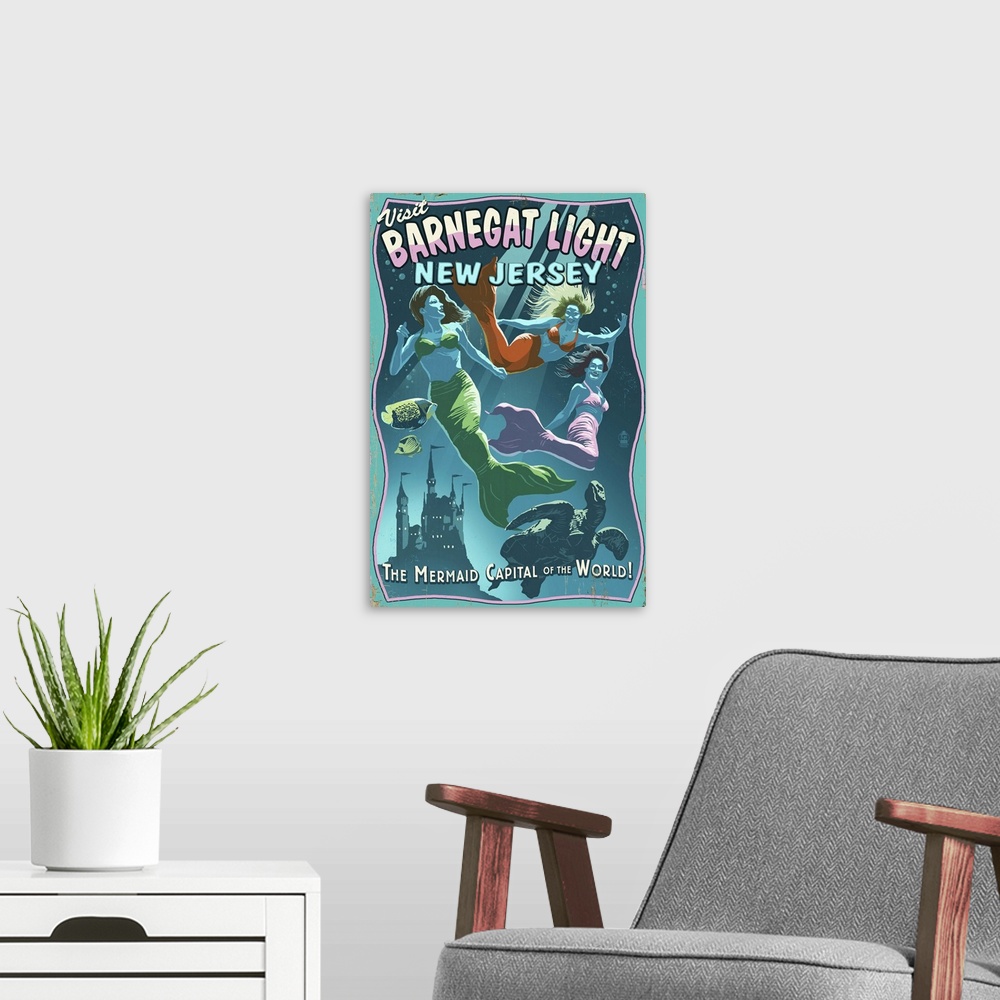 A modern room featuring Barnegat Light, New Jersey - Mermaids Vintage Sign: Retro Travel Poster