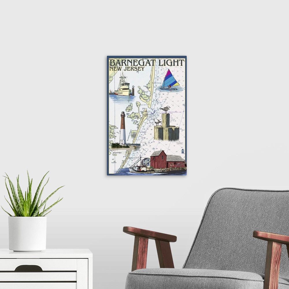 A modern room featuring Barnegat Light, New Jersey - Nautical Chart: Retro Travel Poster