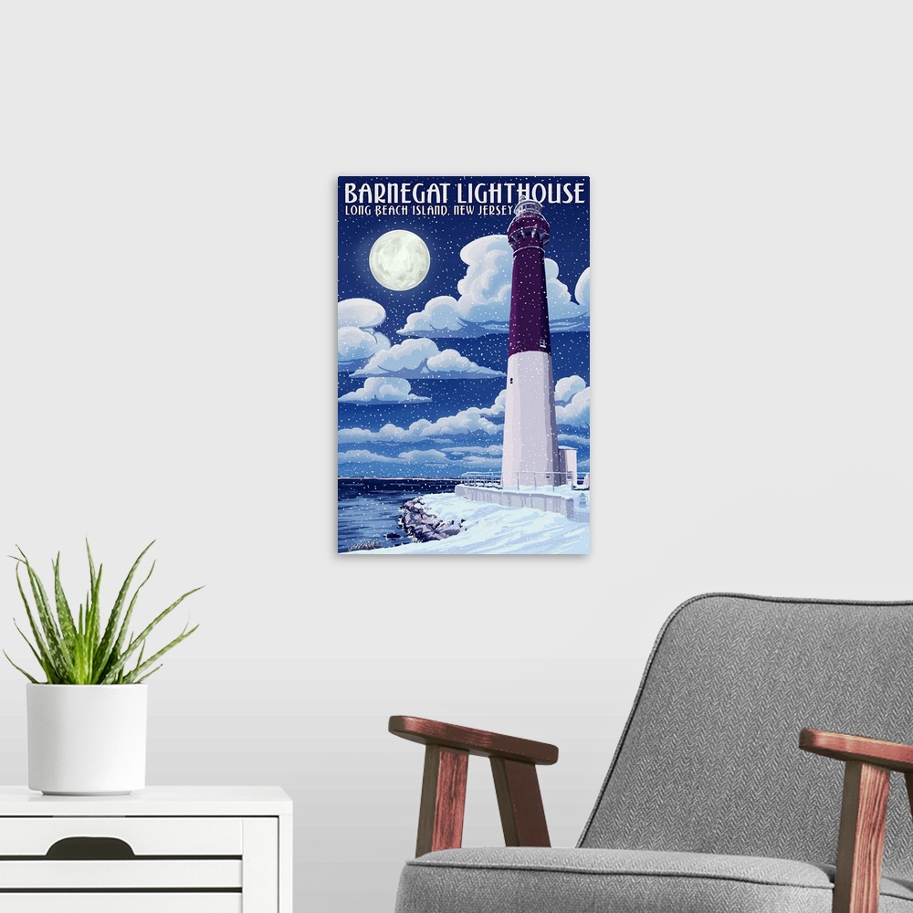 A modern room featuring Barnegat Lighthouse - Snow Scene - New Jersey Shore: Retro Travel Poster