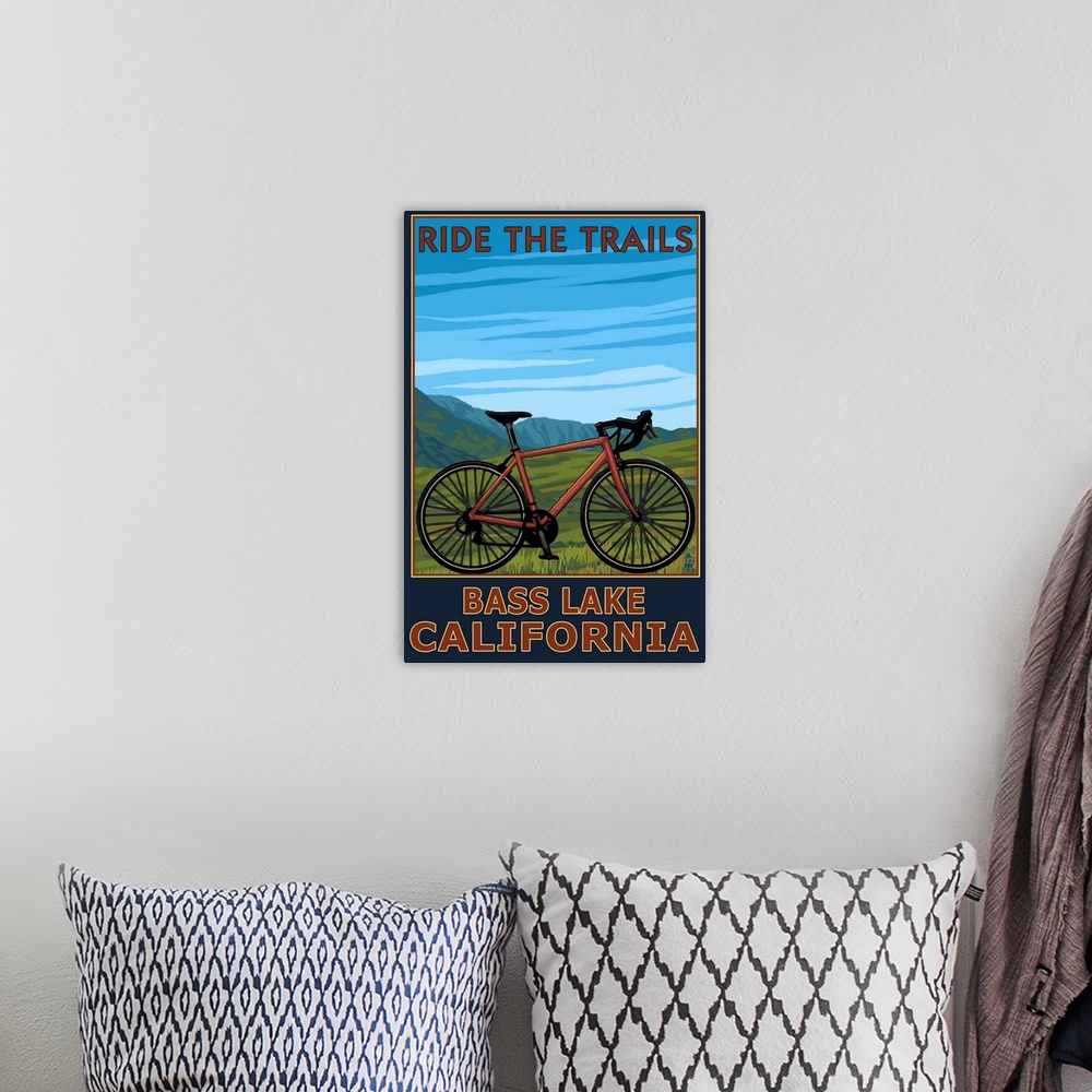 A bohemian room featuring Bass Lake, California - Bicycle Scene: Retro Travel Poster