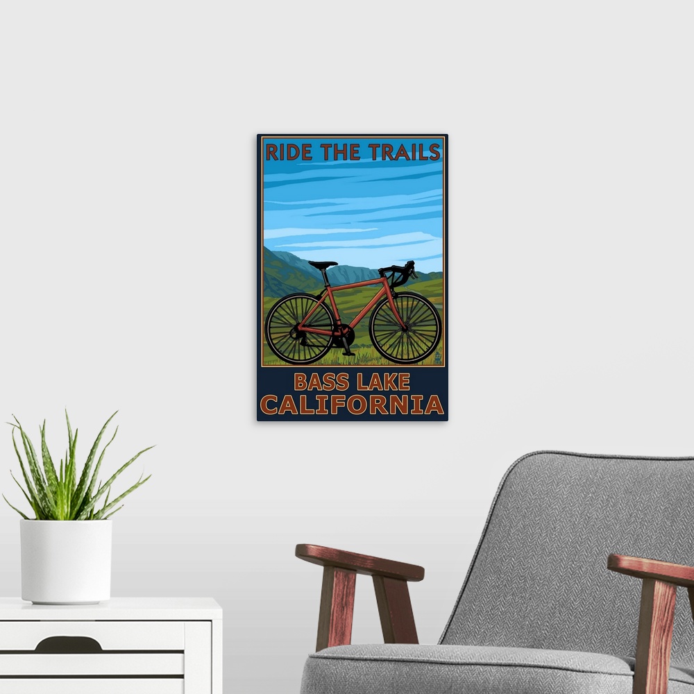 A modern room featuring Bass Lake, California - Bicycle Scene: Retro Travel Poster