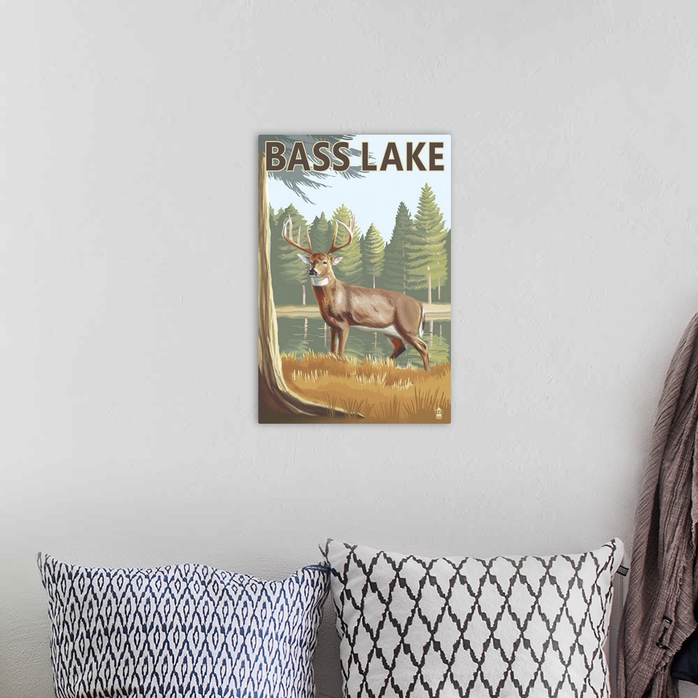 A bohemian room featuring Bass Lake, California - Deer: Retro Travel Poster