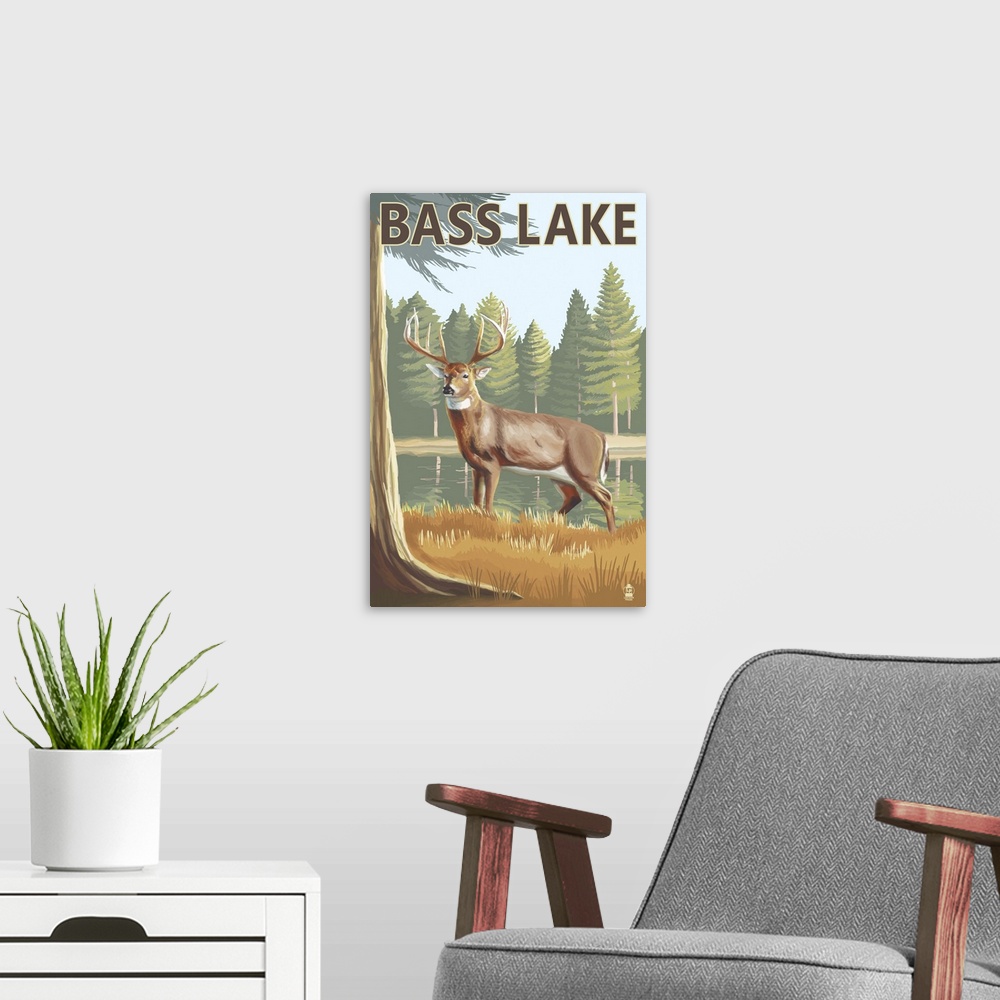 A modern room featuring Bass Lake, California - Deer: Retro Travel Poster