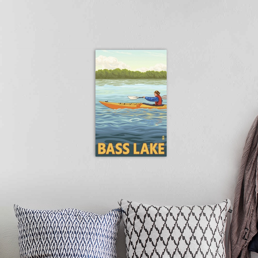 A bohemian room featuring Bass Lake, California - Kayak: Retro Travel Poster