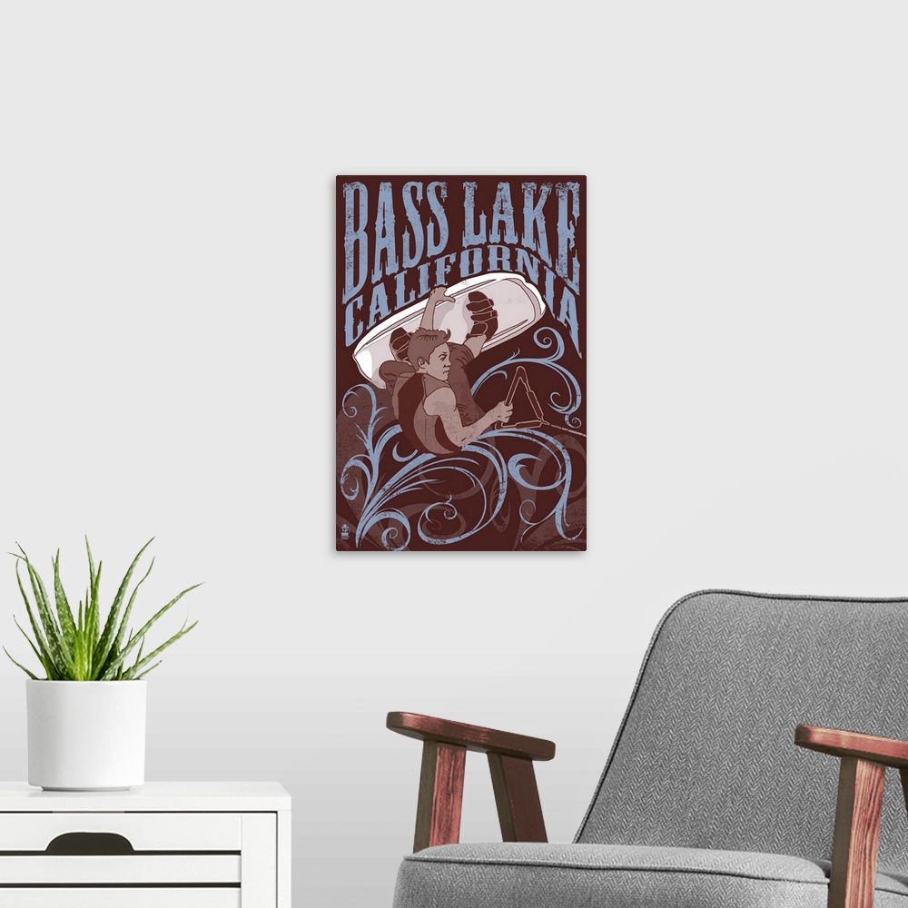 A modern room featuring Bass Lake, California - Wakeboarder: Retro Travel Poster
