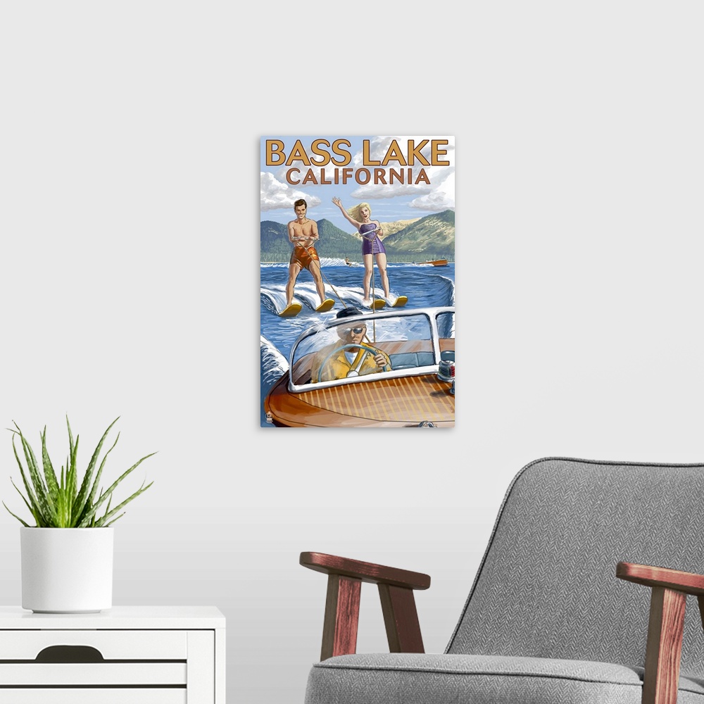 A modern room featuring Bass Lake, California - Water Skiing: Retro Travel Poster