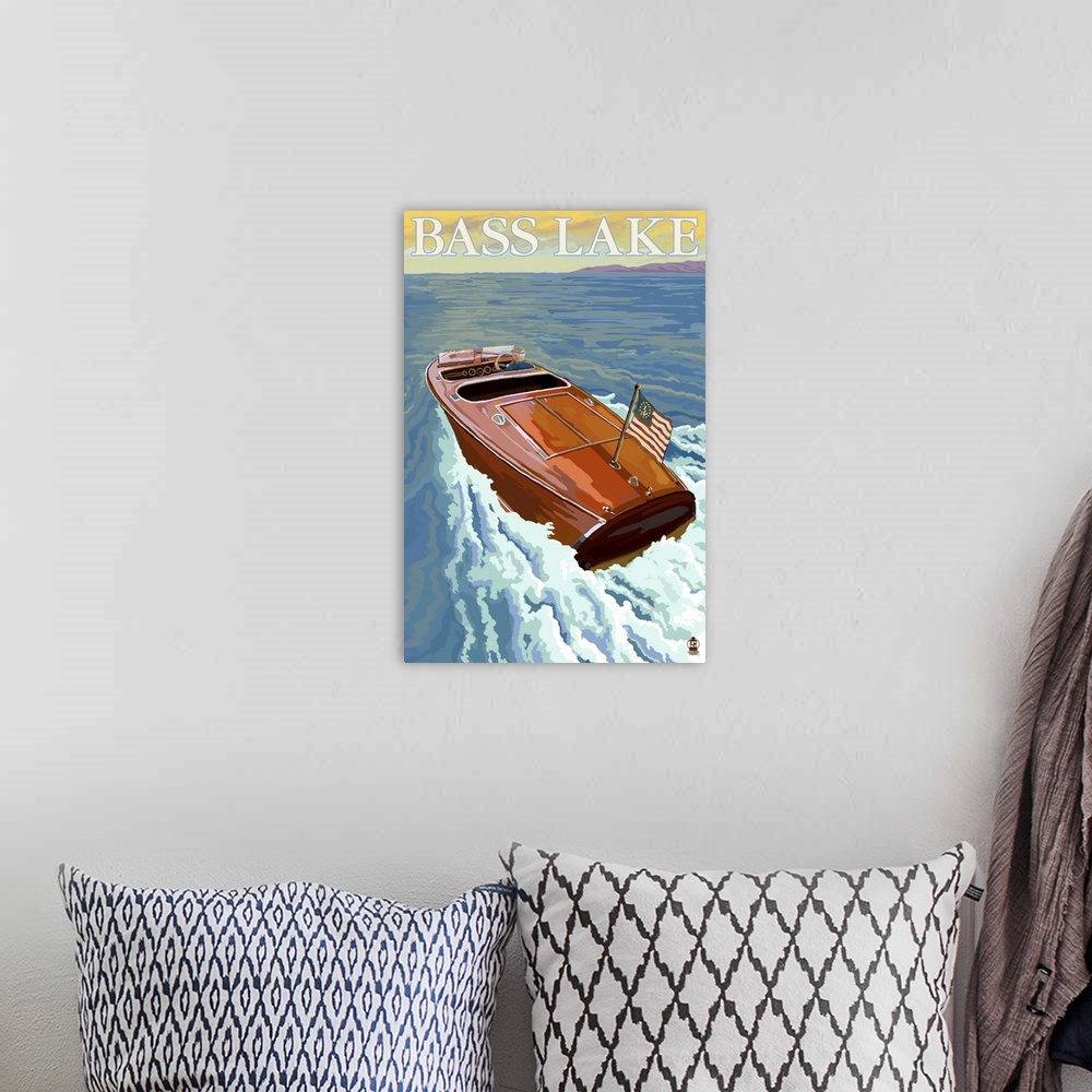A bohemian room featuring Bass Lake, California - Wooden Boat: Retro Travel Poster