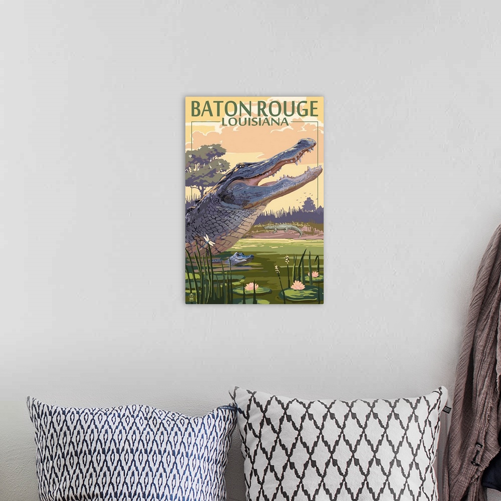 A bohemian room featuring Baton Rouge, Louisiana - Alligator Scene: Retro Travel Poster