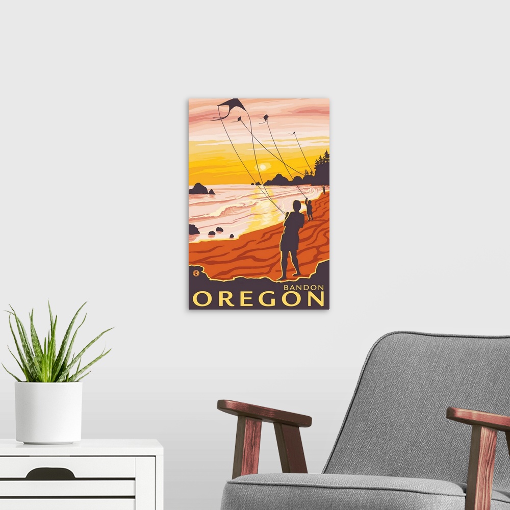 A modern room featuring Beach and Kites - Bandon, Oregon: Retro Travel Poster