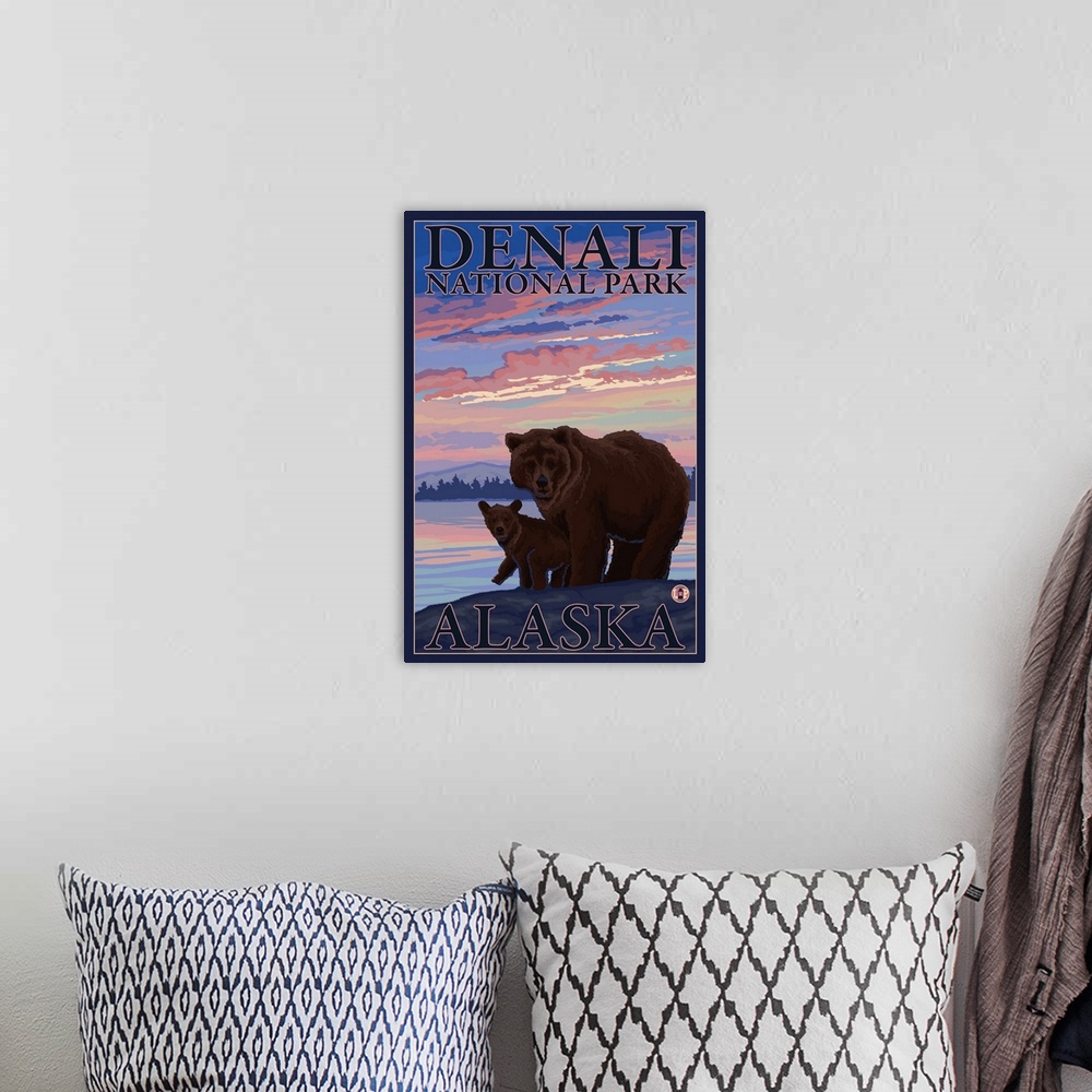 A bohemian room featuring Bear and Cub - Denali National Park, Alaska: Retro Travel Poster