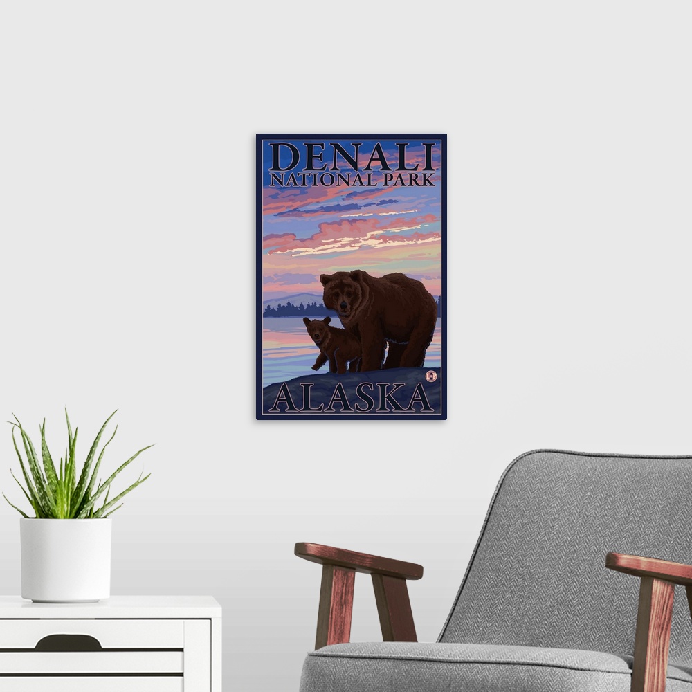 A modern room featuring Bear and Cub - Denali National Park, Alaska: Retro Travel Poster