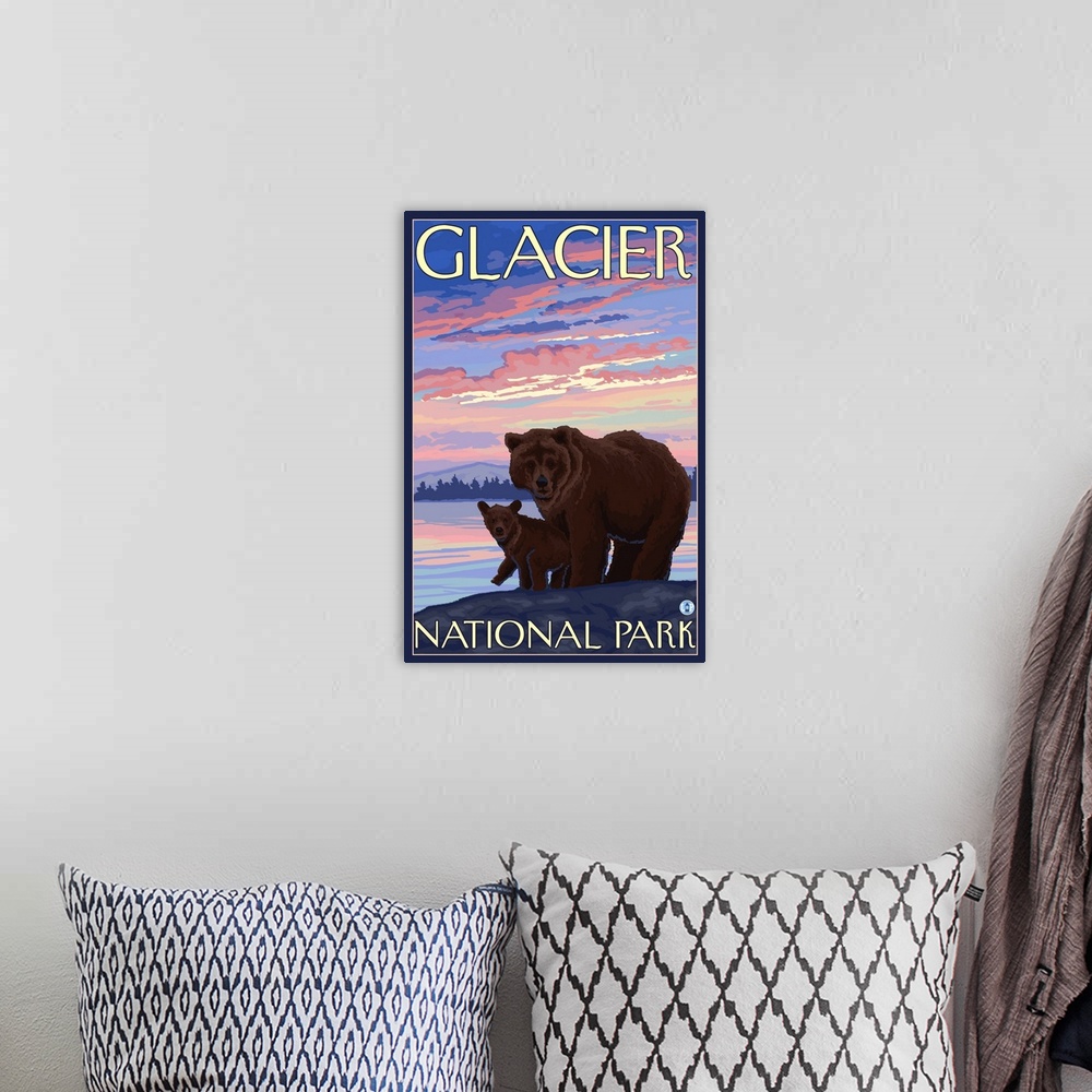 A bohemian room featuring Bear and Cub - Glacier National Park, Montana: Retro Travel Poster