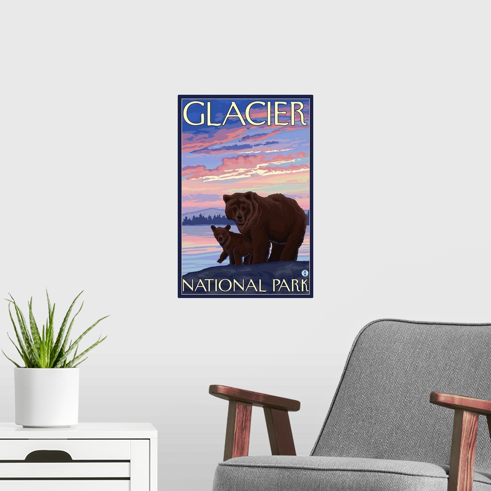 A modern room featuring Bear and Cub - Glacier National Park, Montana: Retro Travel Poster