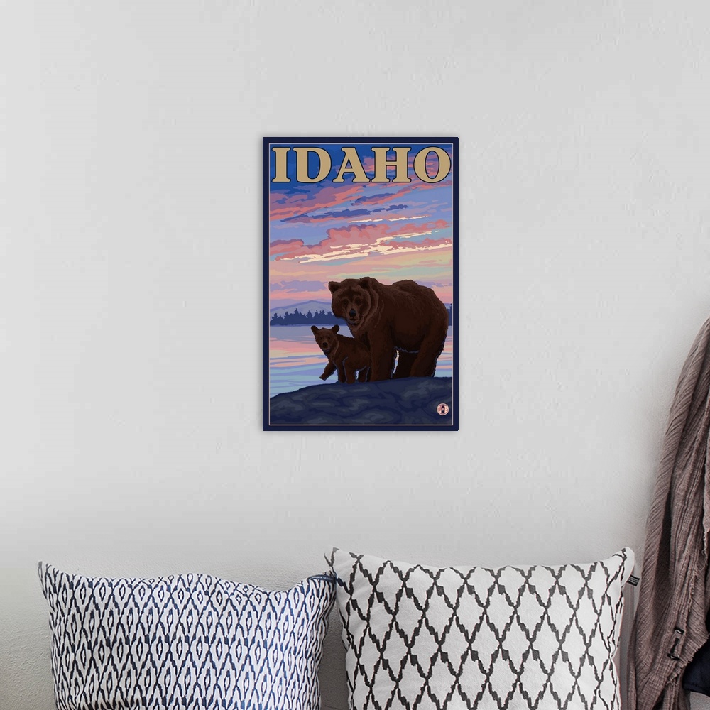 A bohemian room featuring Bear and Cub - Idaho: Retro Travel Poster