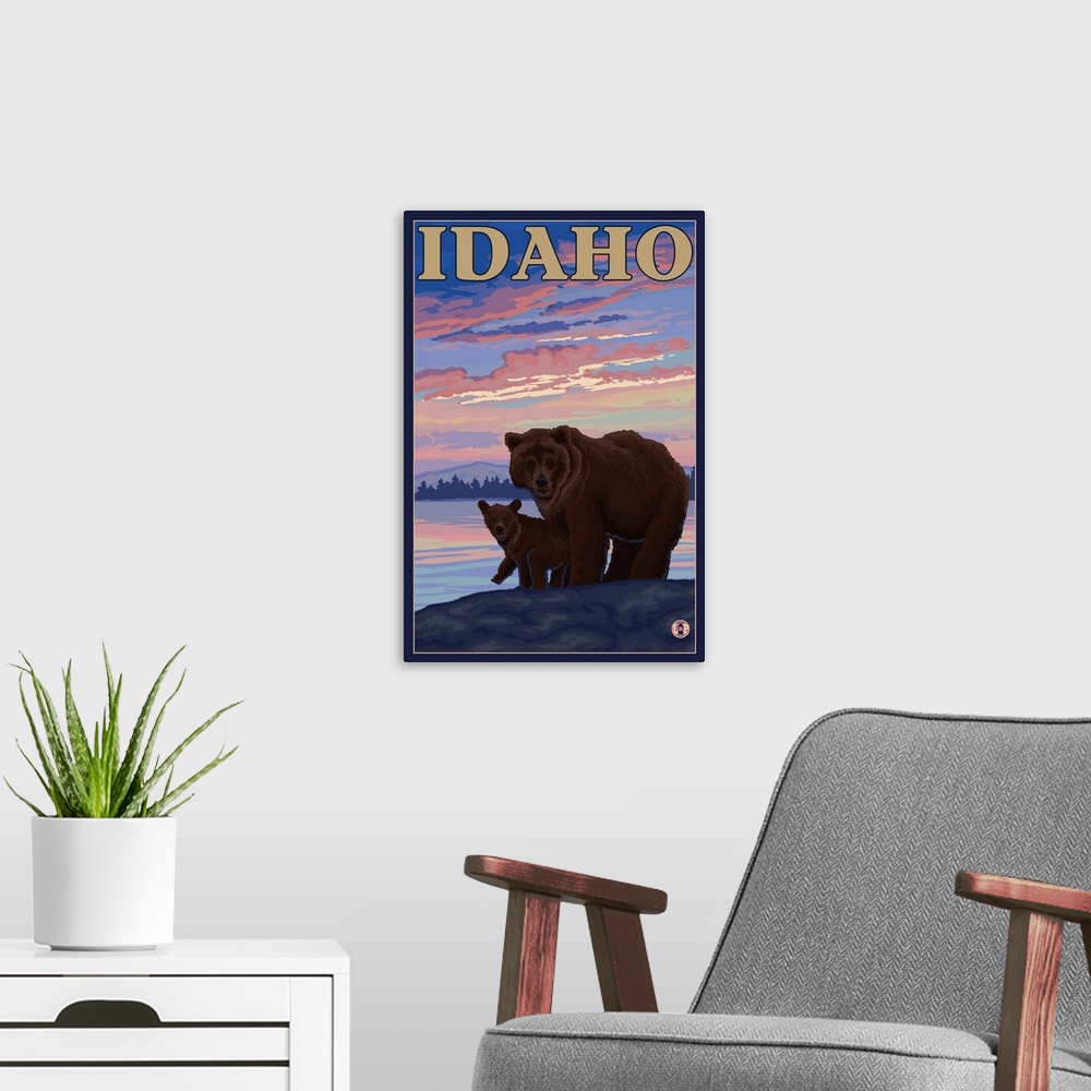 A modern room featuring Bear and Cub - Idaho: Retro Travel Poster