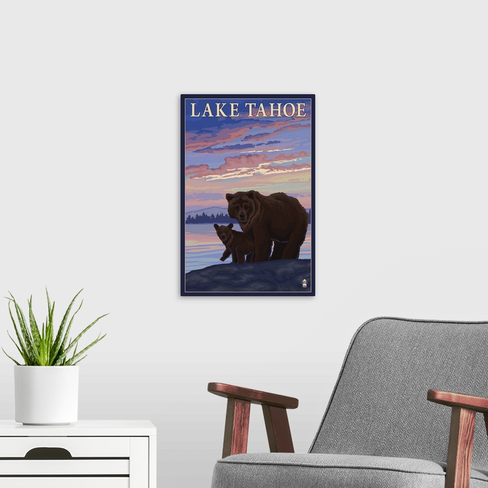 A modern room featuring Bear and Cub - Lake Tahoe, California: Retro Travel Poster