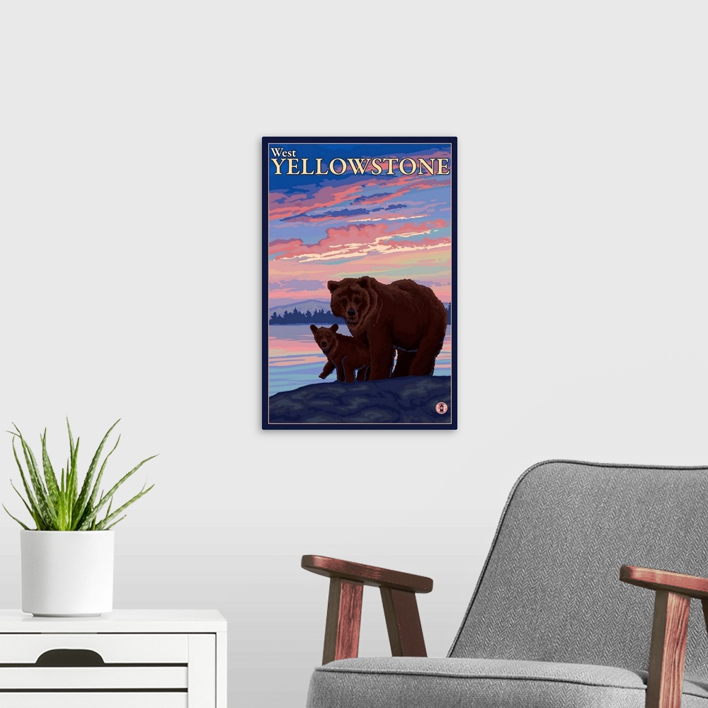 A modern room featuring Bear and Cub - West Yellowstone, Montana: Retro Travel Poster