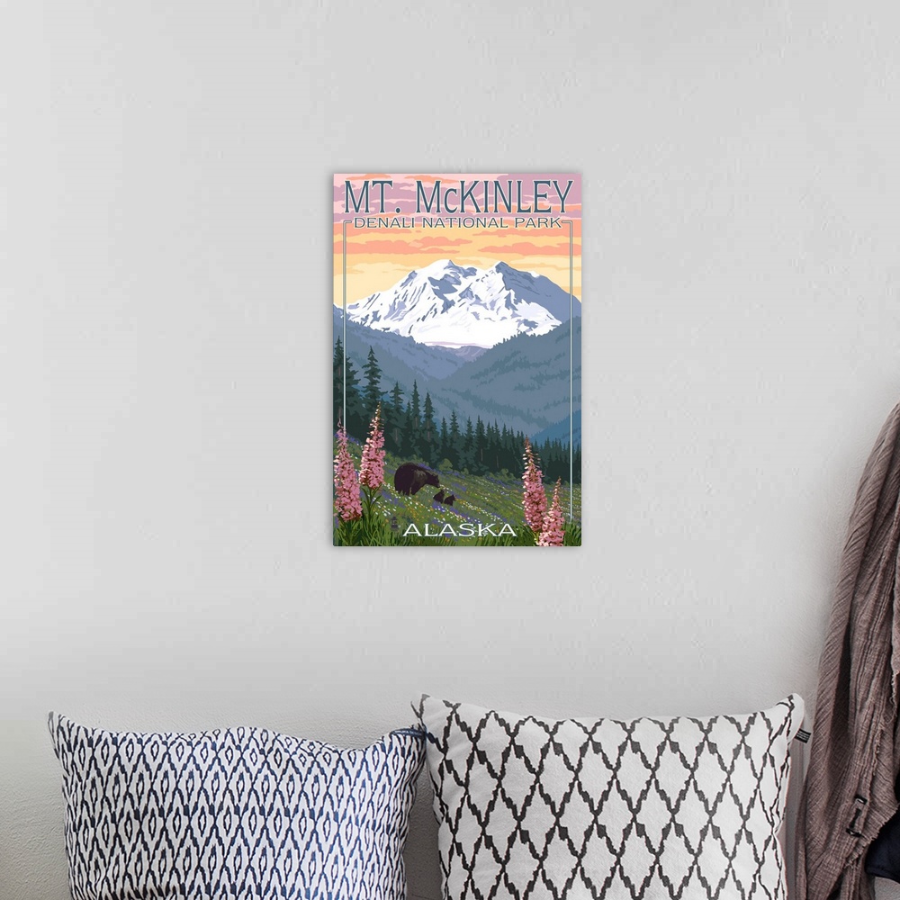 A bohemian room featuring Bear and Cubs Spring Flowers - Mt. McKinley - Denali, Alaska -  : Retro Travel Poster
