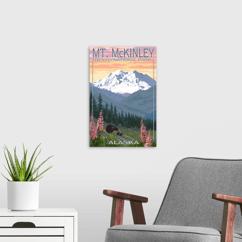 A modern room featuring Bear and Cubs Spring Flowers - Mt. McKinley - Denali, Alaska -  : Retro Travel Poster
