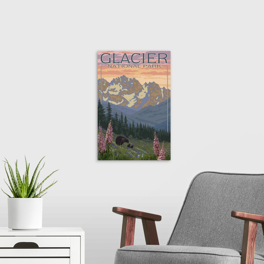 A modern room featuring Bear and Cubs with Flowers - Glacier National Park, Montana: Retro Travel Poster