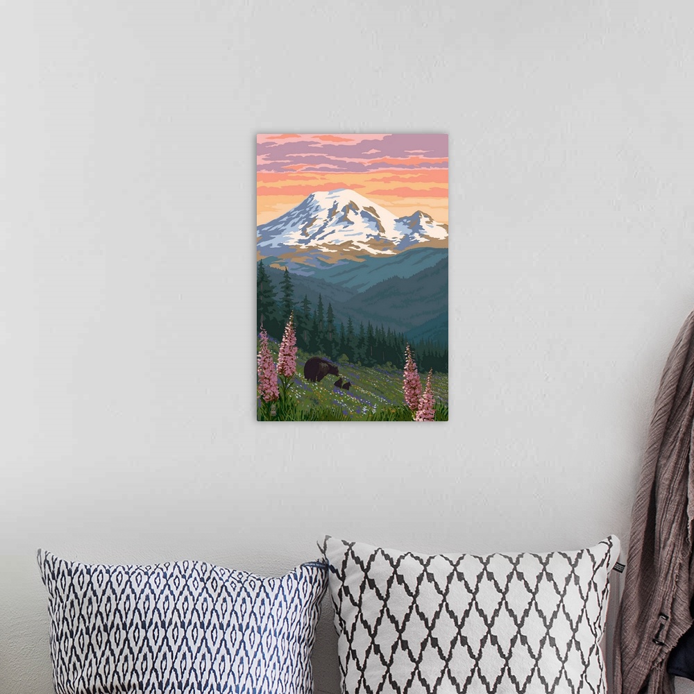 A bohemian room featuring Bear Family and Spring Flowers (Rainier Background): Retro Travel Poster