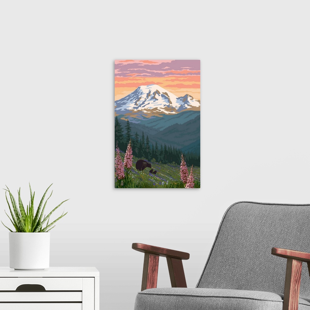 A modern room featuring Bear Family and Spring Flowers (Rainier Background): Retro Travel Poster