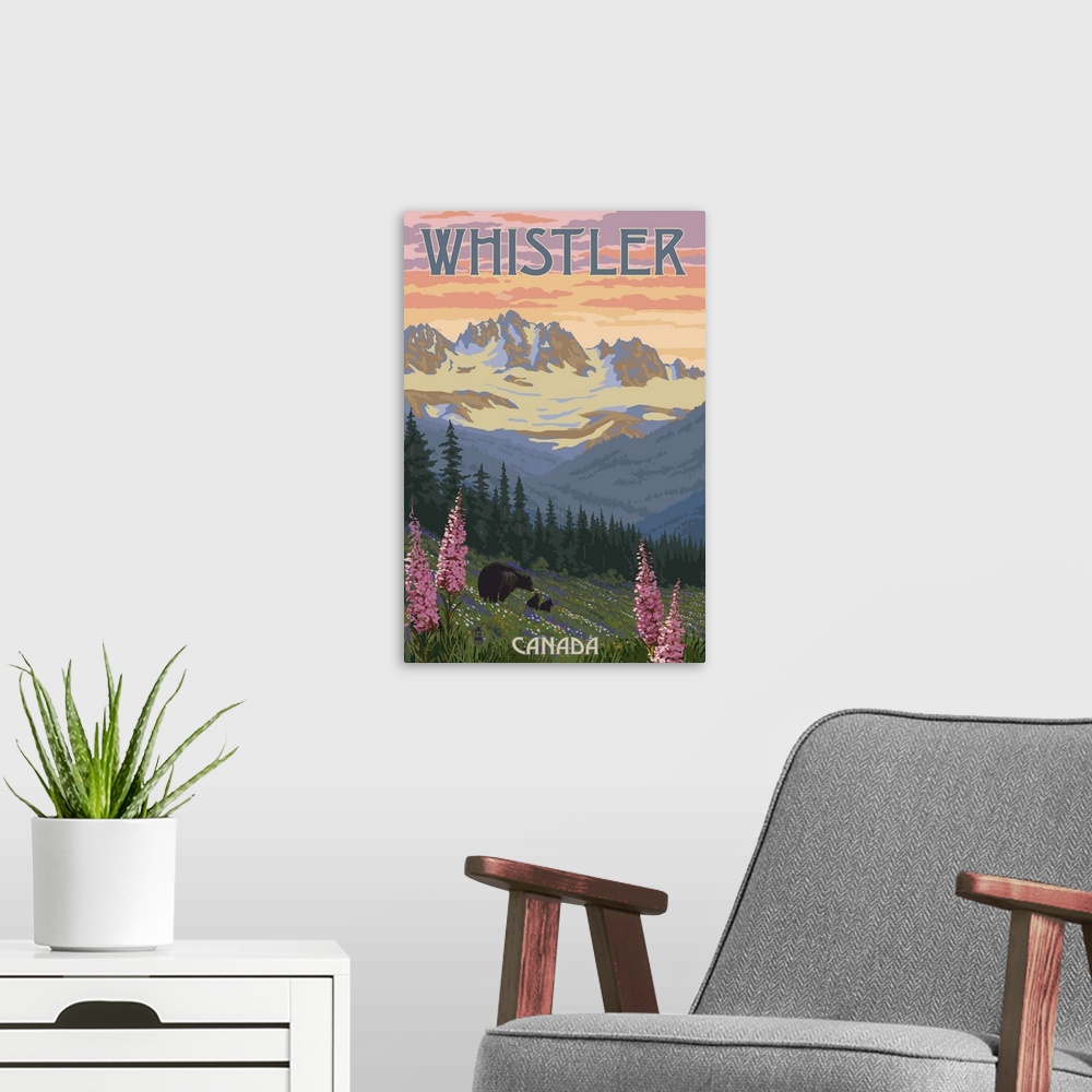 A modern room featuring Bear Family and Spring Flowers - Whistler, Canada: Retro Travel Poster