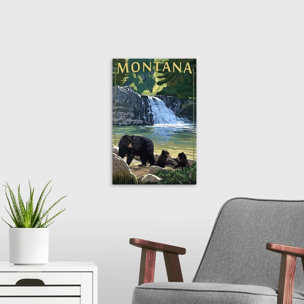 A modern room featuring Bear Family and Waterfall, Montana